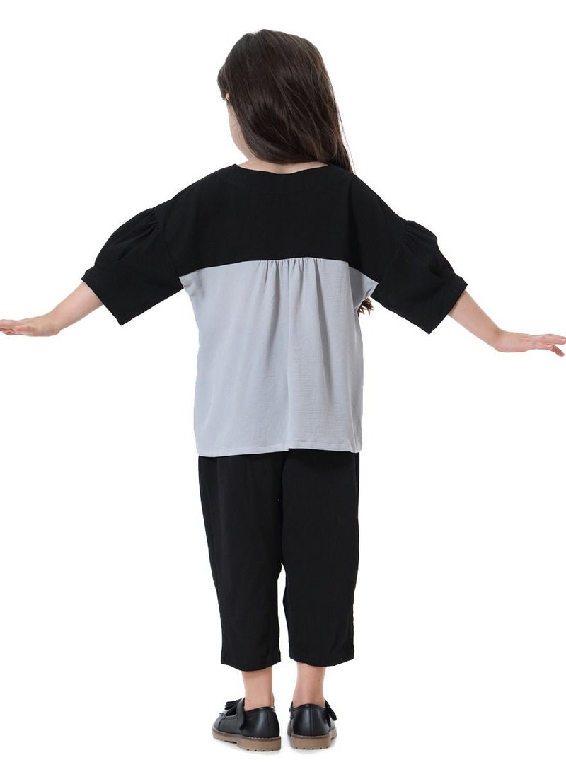 Loquat Girl's 2-Piece Set Outfit Mid-Sleeve Top And Loose Cropped Pants Suit Black/Grey  - Image 3