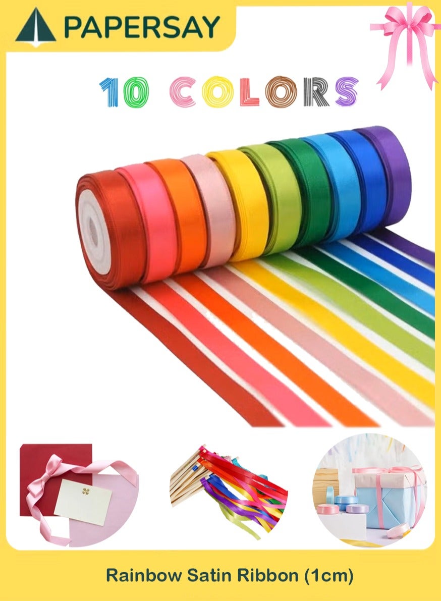 10pcs Rainbow Satin Ribbon, 1cmx4.5m (3/8" x 5 Yards )Each- Perfect for Gift Wrapping, Birthday & Wedding Decorations, Invitations & Crafts