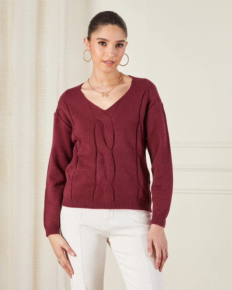 REDTAG Women Burgundy V-Neck Cable Knit Pullover