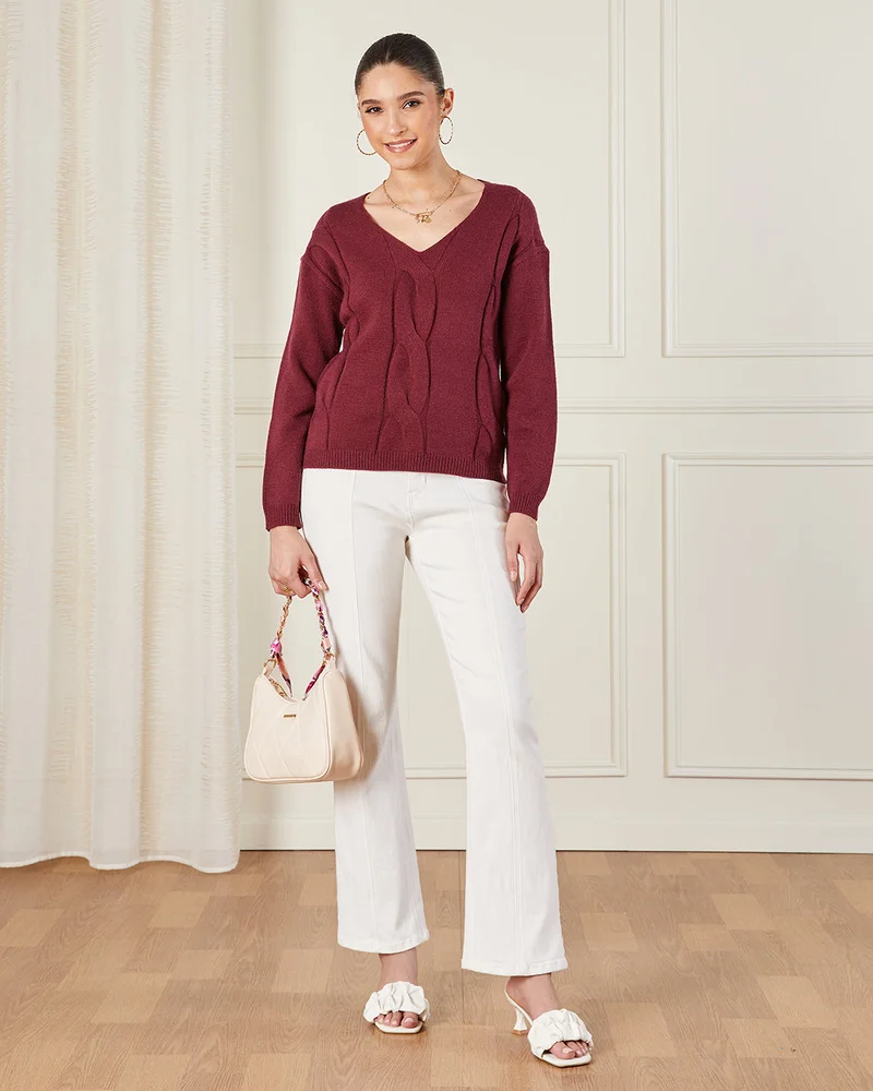 REDTAG Women Burgundy V-Neck Cable Knit Pullover