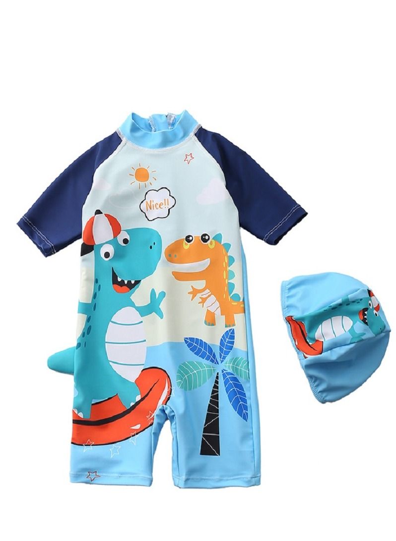 Y&D 2-piece fashionable boy cartoon printed one piece swimsuit short sleeved sun protection children's water sports with hat 70-80cm - Image 1
