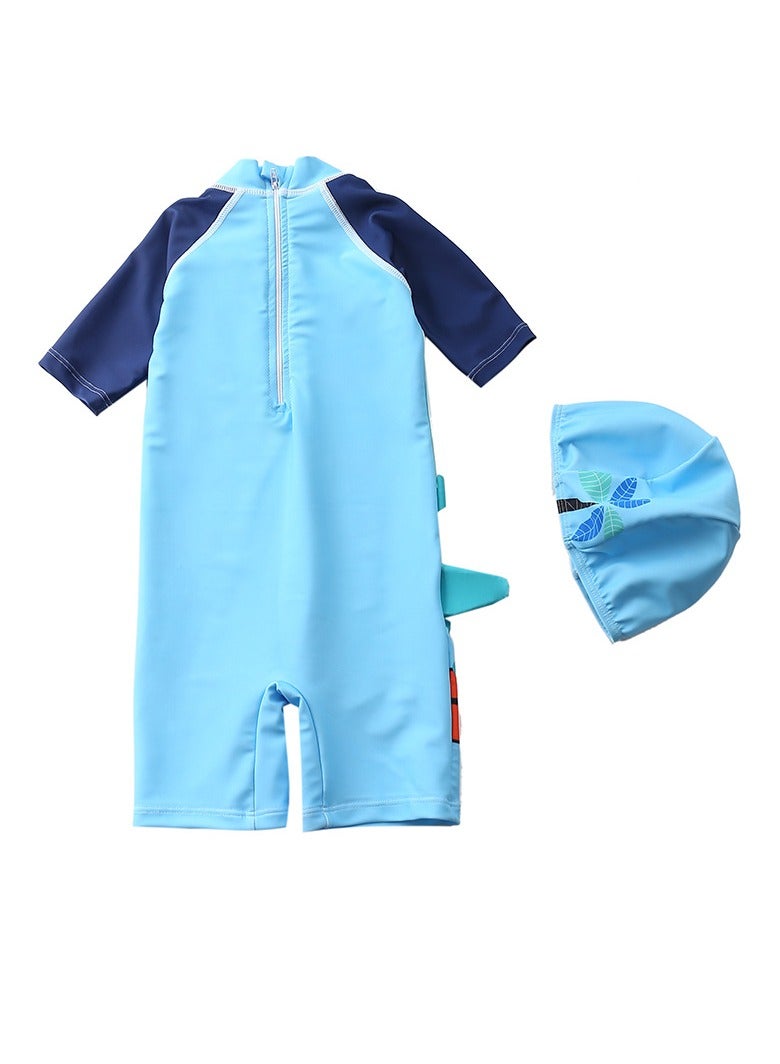 Y&D 2-piece fashionable boy cartoon printed one piece swimsuit short sleeved sun protection children's water sports with hat 70-80cm - Image 2