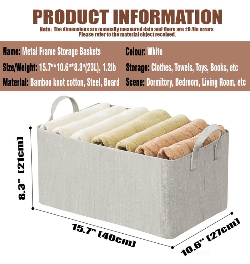AARainbow AARAINBOW 4 Pcs Closet Clothes Organizer with Handle  Fabric Storage Box with Steel Frame Stackable Shelf Storage Baskets Foldable Fabric Storage Baskets for Organizing Clothes Toys  23L (B 4 White) - Image 5