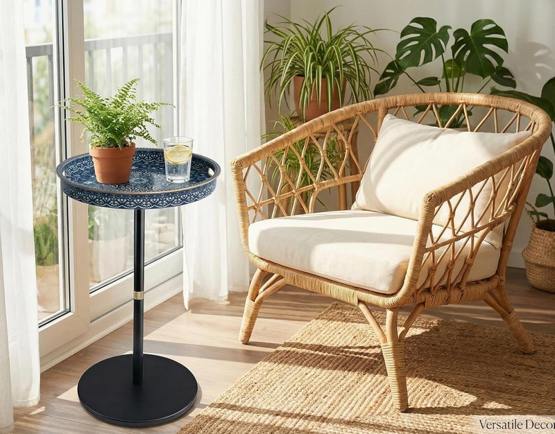 Simmer Stone Boho Round Side Table With Tray Top, Pedestal Drink Table for Small Spaces, Aesthetic Accent Nightstand for Living Room, Bedroom, Corners, and Office (Blue Maze) - Image 2