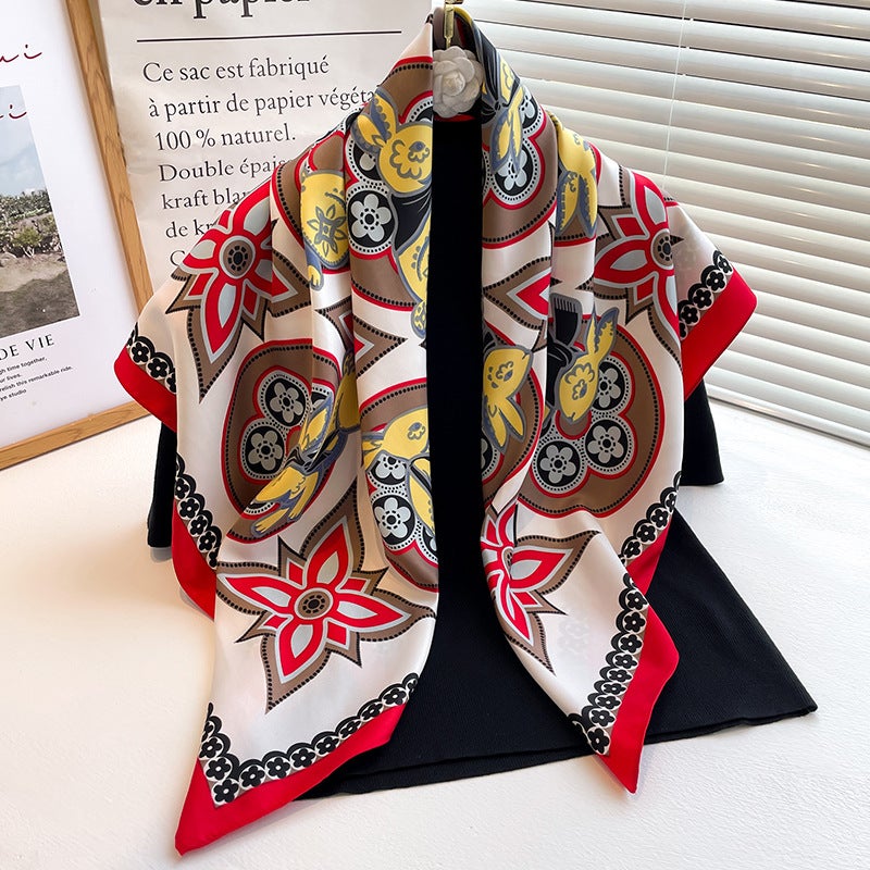 Rose Scarf Women's Twill Large Square Scarf All-match Decorative Shawl Autumn and Winter Scarf Color Matching Fashion Scarf Sunscreen  - Image 1