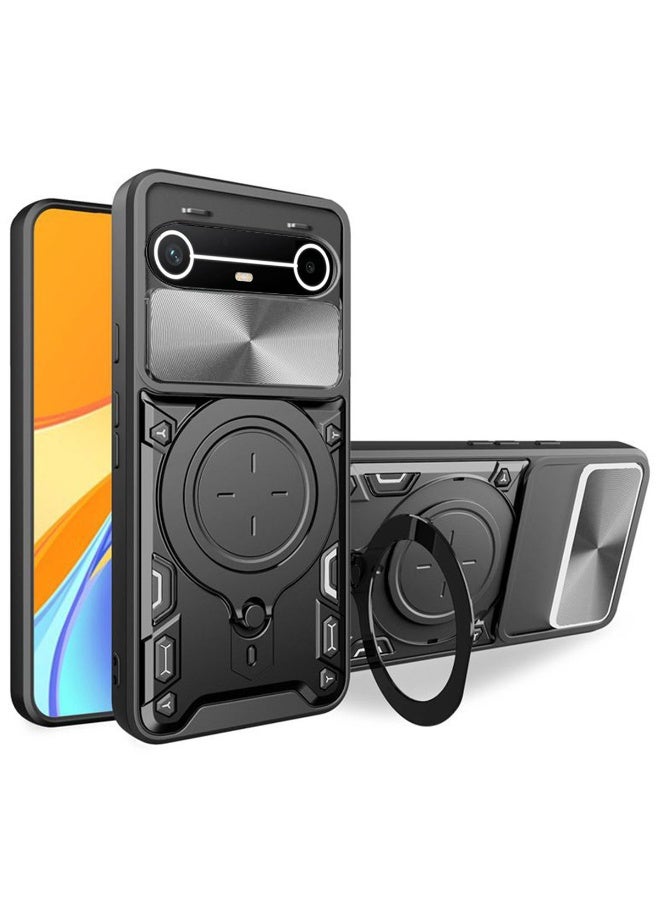 لـ TECNO Pova Slim 5G Case, غطاء عدسة الكاميرا الشريحة, حامل الحلقة المغناطيسية كيسكاند حالة الهاتف الوقائي لـ TECNO Pova Slim 5G, أسود