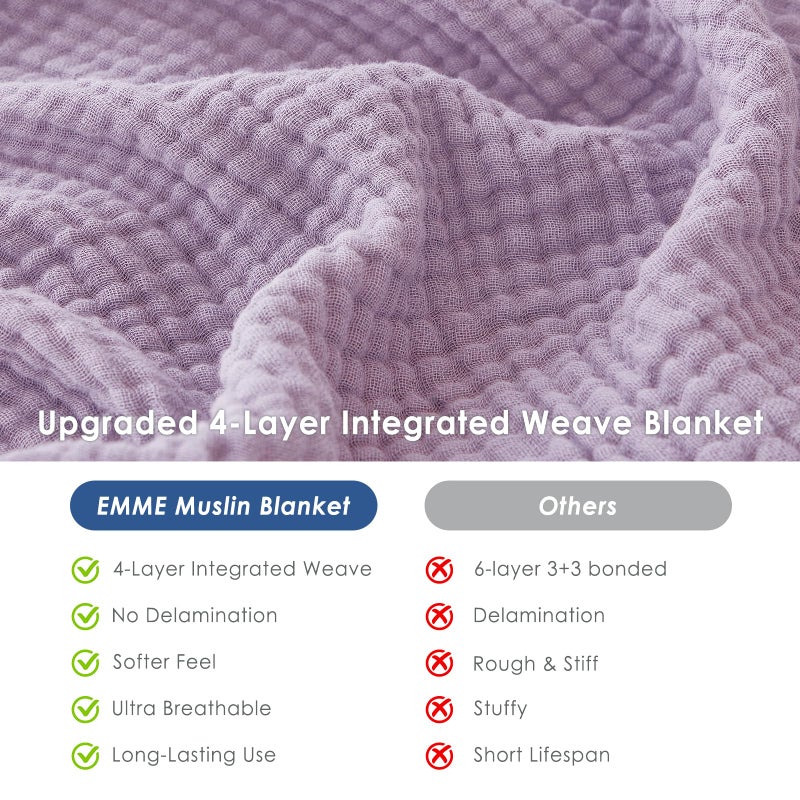 EMME Cotton Blanket Queen Size for Bed Soft Large Muslin Bed Blankets 90"x90" Lightweight Breathable All Season Gauze, Lavender - Image 5