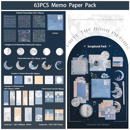 Doraking 63PCS Moon Embellishment Scrapbook Paper Packs for Journaling Supplies, Material Papers Memos Stamps Cards for Journals Planners Aesthetic DIY Art Crafts Collage Album - Image 5