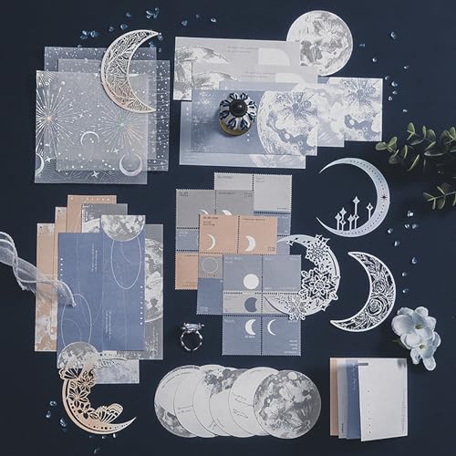 Doraking 63PCS Moon Embellishment Scrapbook Paper Packs for Journaling Supplies, Material Papers Memos Stamps Cards for Journals Planners Aesthetic DIY Art Crafts Collage Album - Image 1