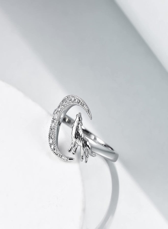 POPLYKE Wolf Moon Ring for Women 925 Sterling Silver Crescent Moon Wolf Ring Jewelry Gifts for Women - Image 3