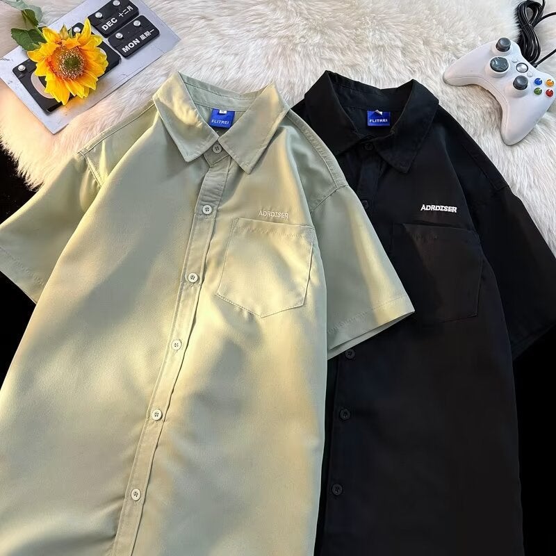 Short-Sleeved Shirt Men'S Summer Loose Thin Solid Color Casual Shirt Japanese Style Solid Color All-Match Hong Kong Style Workwear Half-Sleeved - Image 5