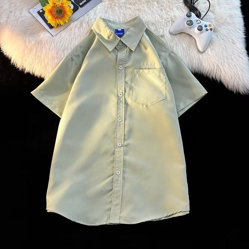 Short-Sleeved Shirt Men'S Summer Loose Thin Solid Color Casual Shirt Japanese Style Solid Color All-Match Hong Kong Style Workwear Half-Sleeved - Image 1