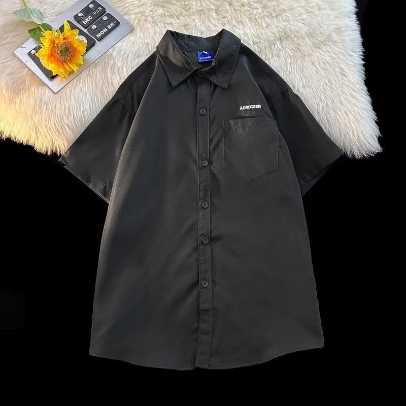 Short-Sleeved Shirt Men'S Summer Loose Thin Solid Color Casual Shirt Japanese Style Solid Color All-Match Hong Kong Style Workwear Half-Sleeved - Image 3