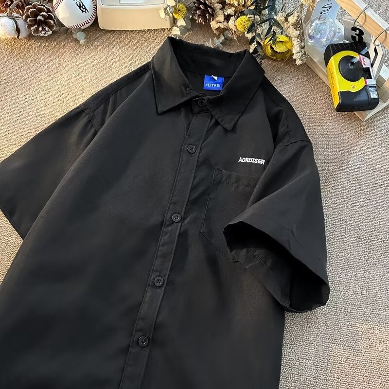 Short-Sleeved Shirt Men'S Summer Loose Thin Solid Color Casual Shirt Japanese Style Solid Color All-Match Hong Kong Style Workwear Half-Sleeved - Image 2