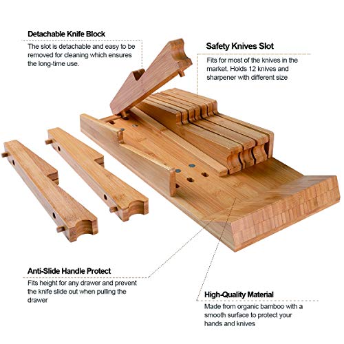 NIUXX Bamboo In-Drawer Knife Block Set for 12 Knives(Not Included), Large Kitchen Detachable Washable Cutlery Slot Organizer Storage Holder for Sharpening Steel and Cutter - Image 2
