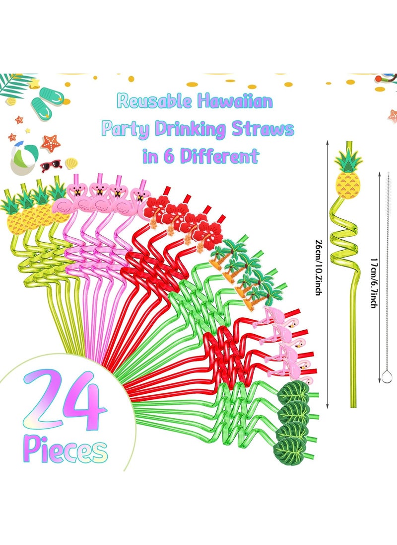 Zopeal Zopeal 24 Pcs Hawaiian Reusable Plastic Straws with 2 Cleaning Brush Luau Theme Straws Flamingo Drinking Aloha Party Favors for Birthday Beach Pool Party Supplies  - Image 2