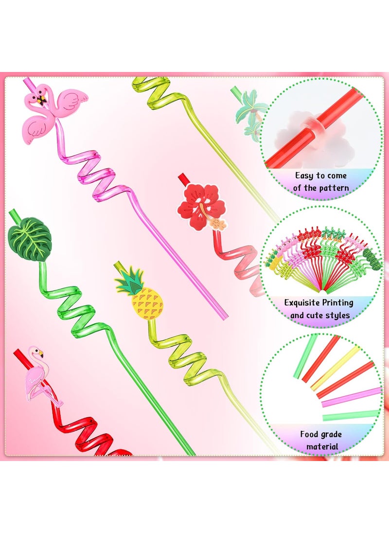 Zopeal Zopeal 24 Pcs Hawaiian Reusable Plastic Straws with 2 Cleaning Brush Luau Theme Straws Flamingo Drinking Aloha Party Favors for Birthday Beach Pool Party Supplies  - Image 3