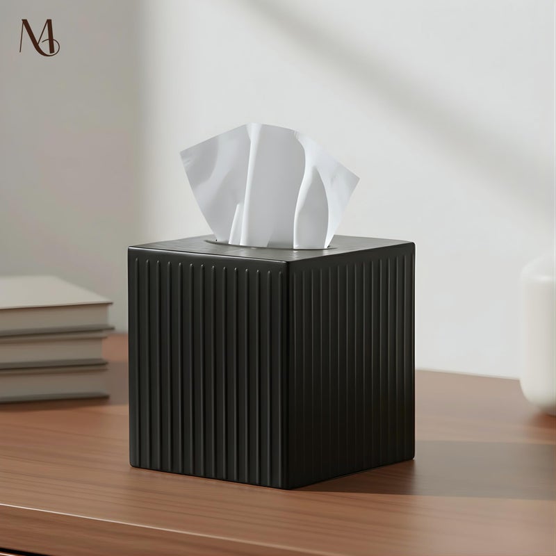Monarch Abode Tissue Box Cover Square â€“ Handcrafted Ridge Embossed Black Metal Tissue Holder Box for Bathroom Accessory, Aesthetic Decorative Facial Napkin Cube for Modern Home Decor - Image 2