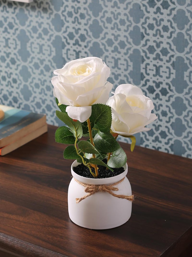 Fourwalls Fourwalls Artificial Rose Flower Plant with Plastic Pot White 25 cm Decorative Items for Home Dcor Living Room Balcony Kitchen Bedroom Office Table Top 