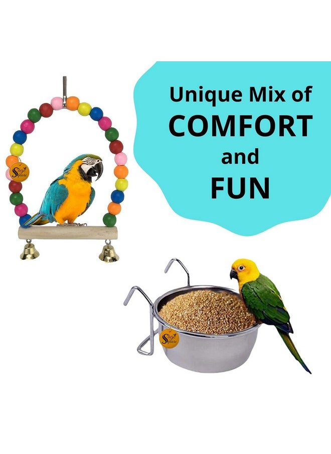 Sage Square Wooden Bird Toys Combo | Steel Bowl, Swing, Hanging Cage Toy | For Budgie, Cockatiel, Parakeet, Conure, Macaw, Parrot  - Image 5