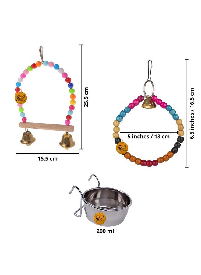 Sage Square Wooden Bird Toys Combo | Steel Bowl, Swing, Hanging Cage Toy | For Budgie, Cockatiel, Parakeet, Conure, Macaw, Parrot  - Image 2