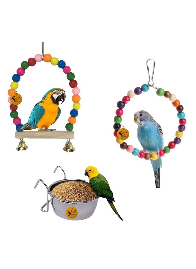 Sage Square Wooden Bird Toys Combo | Steel Bowl, Swing, Hanging Cage Toy | For Budgie, Cockatiel, Parakeet, Conure, Macaw, Parrot  - Image 1