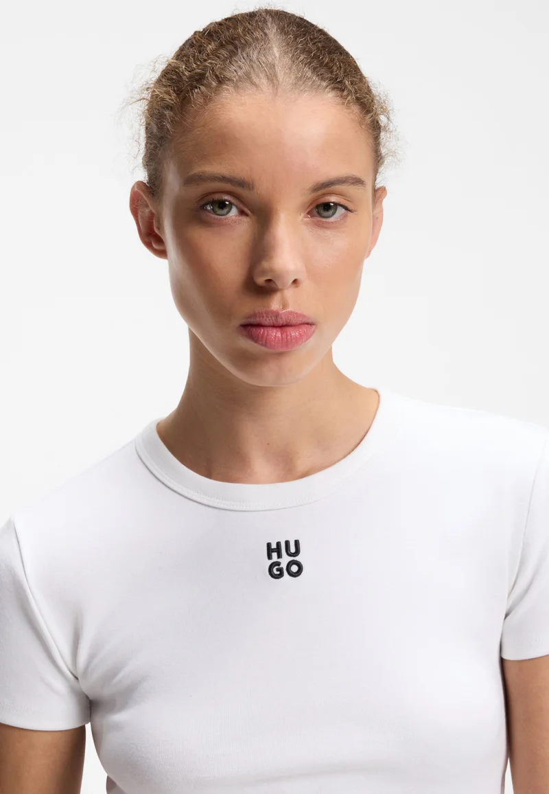 HUGO White Cotton-blend slim-fit T-shirt with embroidered logo for Women | Best Price UAE