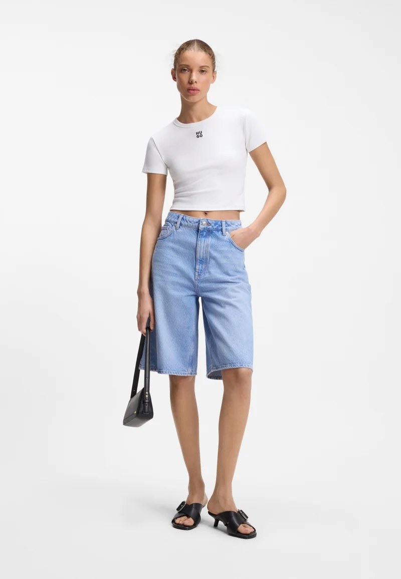 HUGO White Cotton-blend slim-fit T-shirt with embroidered logo for Women | Best Price UAE