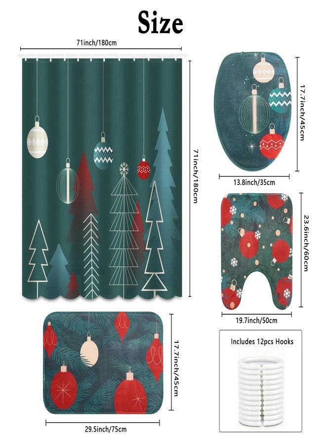 SRCVYLT 4pcs Shower Curtain Sets with Rugs, Toilet Lid Cover and Bath Mat, Bathroom Shower Curtains Set Green Red Winter Bathroom Decor Set - Image 2
