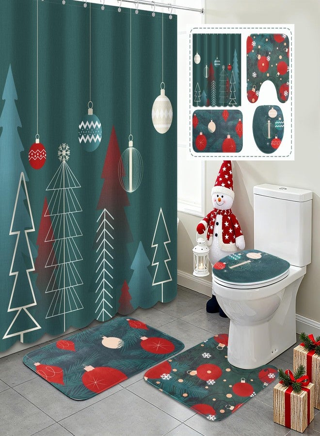 SRCVYLT 4pcs Shower Curtain Sets with Rugs, Toilet Lid Cover and Bath Mat, Bathroom Shower Curtains Set Green Red Winter Bathroom Decor Set - Image 1