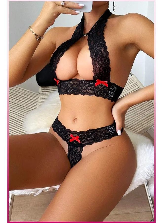 فييل مجموعة ملابس داخلية نسائية دانتيل، مجموعة حمالة صدر بسوار أسود، قميص نوم شفاف وجذاب، إيروتيكي، BDSM.