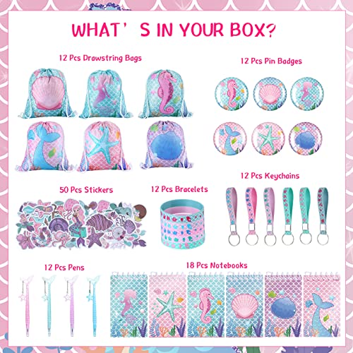 Sherr 140 Pcs Mermaid Party Favors Gift Bags for Girls Birthday Decorate Supplies Include Drawstring Bags Silicone Bracelets Keychains Pens Stickers Notebooks Piñata Stuffers (Mermaid) - Image 2