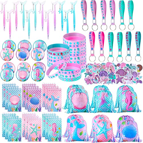 Sherr 140 Pcs Mermaid Party Favors Gift Bags for Girls Birthday Decorate Supplies Include Drawstring Bags Silicone Bracelets Keychains Pens Stickers Notebooks Piñata Stuffers (Mermaid) - Image 1
