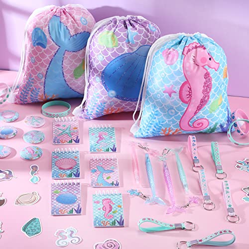 Sherr 140 Pcs Mermaid Party Favors Gift Bags for Girls Birthday Decorate Supplies Include Drawstring Bags Silicone Bracelets Keychains Pens Stickers Notebooks Piñata Stuffers (Mermaid) - Image 5