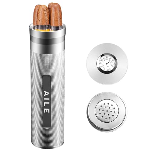 AILE Cigar Stainless Steel humidor Silver Travel Cigar case Tube for 3 to 4 Cigars, Portable Cigar case, Cigar Hygrometer, Great Gift for Men, Dad, Husband - Image 1