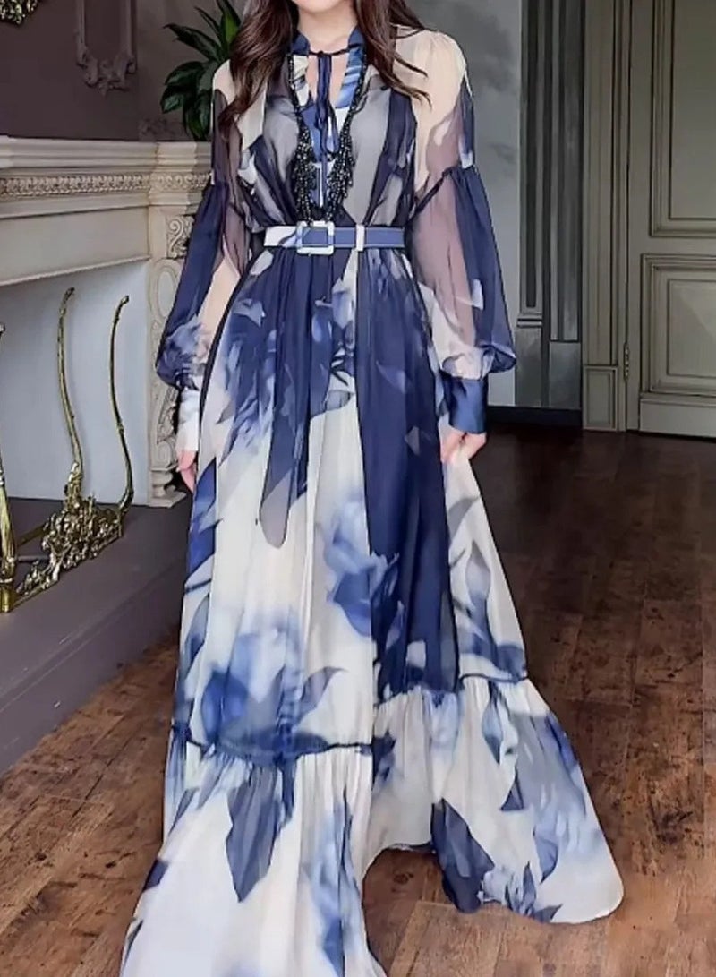 Meilun Blue - White Printed Sheer Chiffon Maxi Dress with Belted Waist and Puff Sleeves  - Image 1