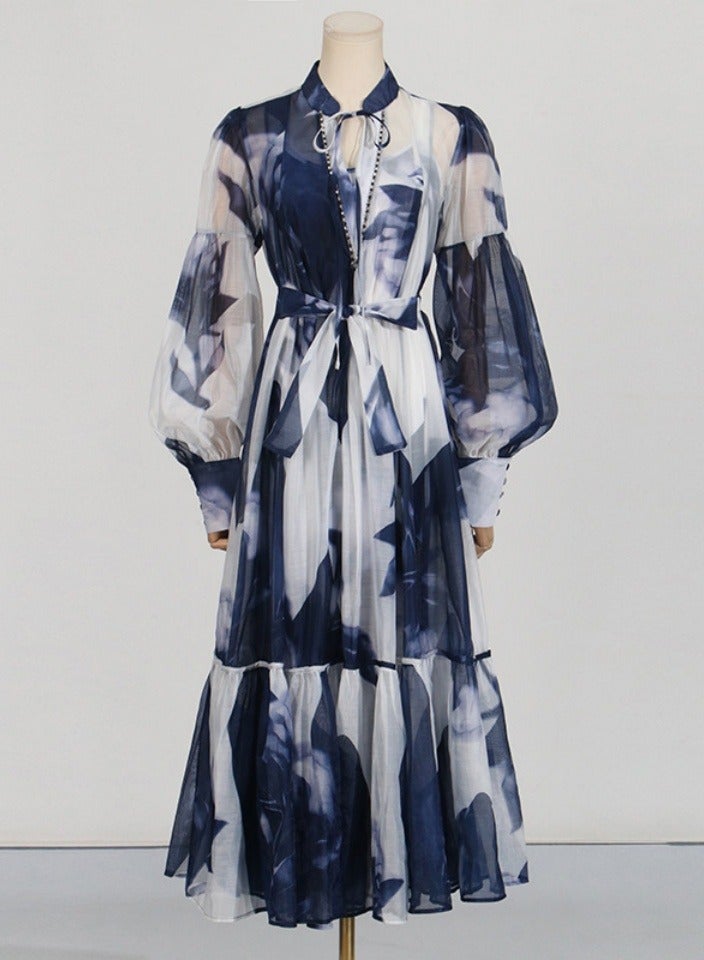 Meilun Blue - White Printed Sheer Chiffon Maxi Dress with Belted Waist and Puff Sleeves  - Image 2