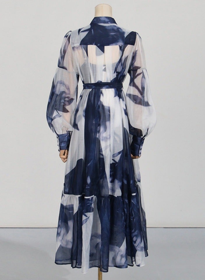 Meilun Blue - White Printed Sheer Chiffon Maxi Dress with Belted Waist and Puff Sleeves  - Image 3