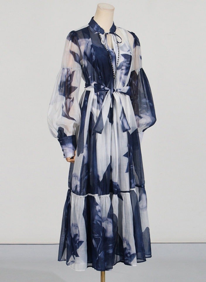 Meilun Blue - White Printed Sheer Chiffon Maxi Dress with Belted Waist and Puff Sleeves  - Image 4