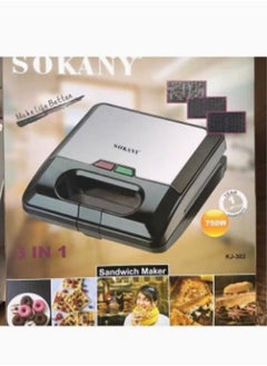sokany ماكينة صنع الساندوتشات الكهربائية 3 في 1 بقدرة 750 وات KJ-303 أسود/ فضي  - Image 5