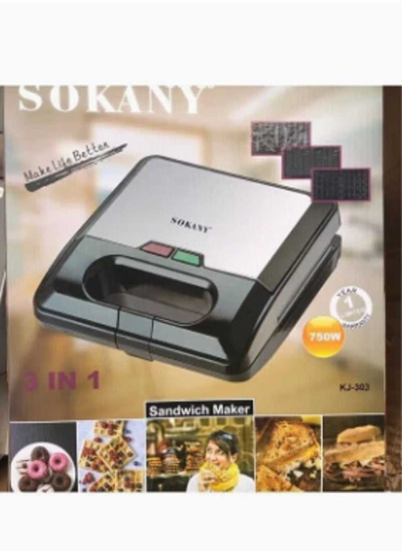 sokany 3-In-1 Electric Sandwich Maker 750 W KJ-303 Silver/Black  - Image 5