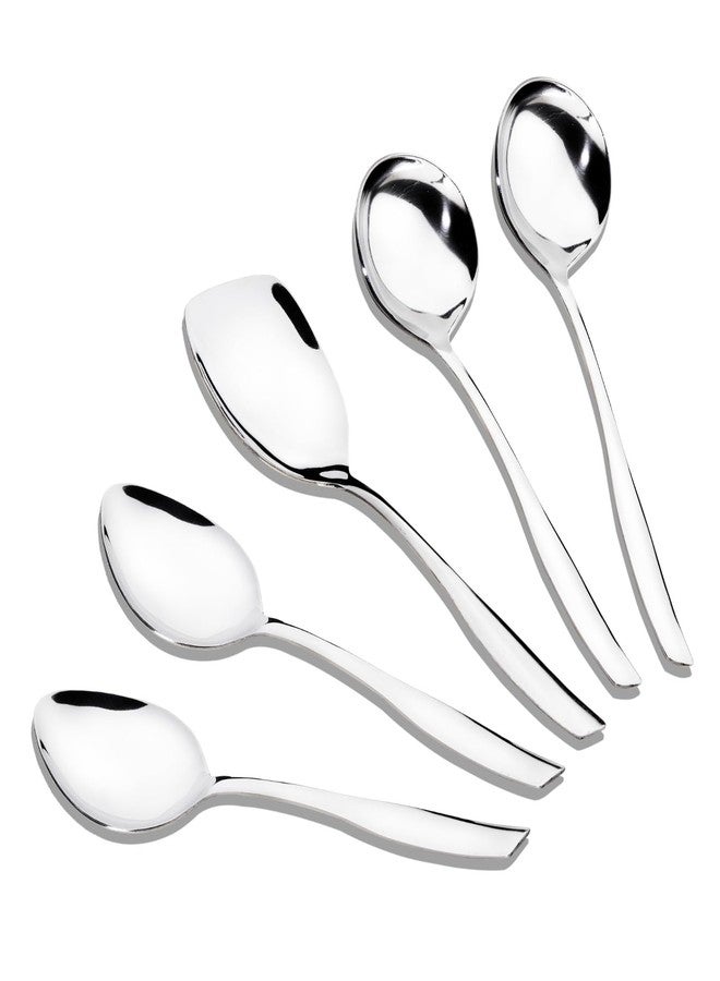 Axiom Serving Spoons Stainless Steel 5 Piece Heavy Gauge Non-Stick Set of 2 Soup Ladle (Karchi), 2 Solid Spoon (Chamcha) and 1 Rice Spoon for Serving Soup/Curry/Dal/Rice/Pasta - 27 Cm - Image 1