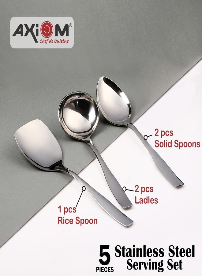 Axiom Serving Spoons Stainless Steel 5 Piece Heavy Gauge Non-Stick Set of 2 Soup Ladle (Karchi), 2 Solid Spoon (Chamcha) and 1 Rice Spoon for Serving Soup/Curry/Dal/Rice/Pasta - 27 Cm - Image 2
