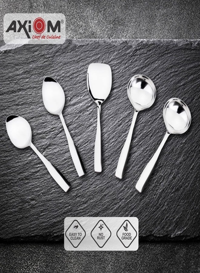 Axiom Serving Spoons Stainless Steel 5 Piece Heavy Gauge Non-Stick Set of 2 Soup Ladle (Karchi), 2 Solid Spoon (Chamcha) and 1 Rice Spoon for Serving Soup/Curry/Dal/Rice/Pasta - 27 Cm - Image 3