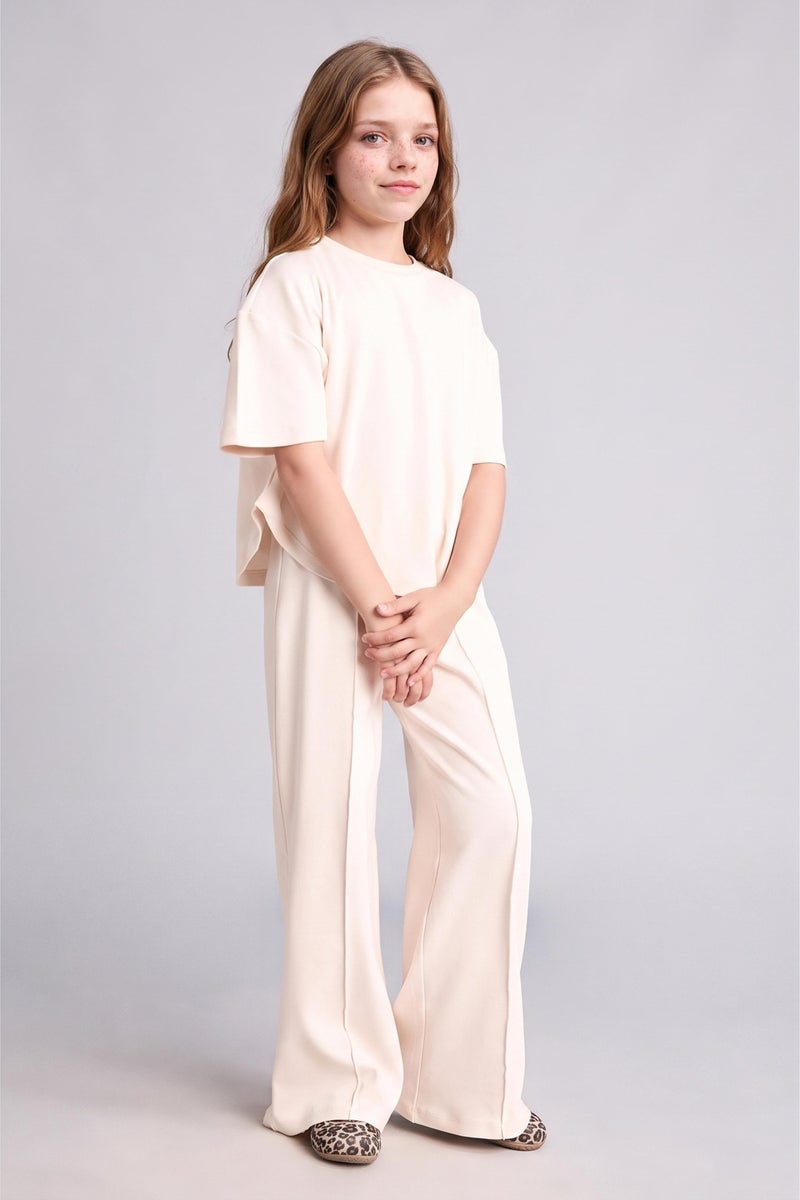 DeFacto Beige Girl Girl 2 piece Regular Fit 100% Cotton T-Shirt Trousers Set Casual - Image 2