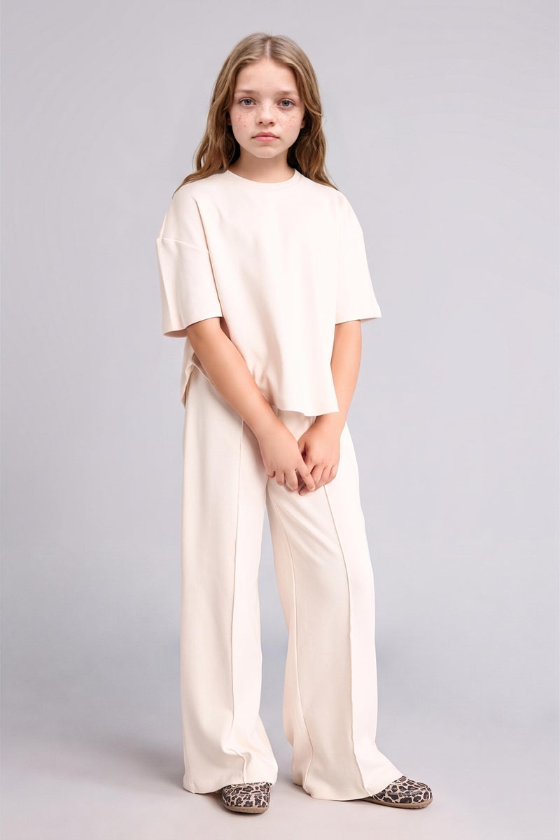 DeFacto Beige Girl Girl 2 piece Regular Fit 100% Cotton T-Shirt Trousers Set Casual - Image 1