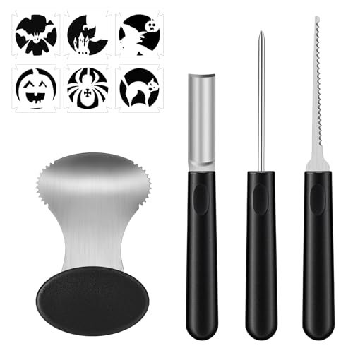 Antner Professional Pumpkin Carving Kit 4PCS Heavy-Duty Stainless Steel Pumpkin Carving Tools Set with 6PCS Self-Adhesive Stencils for Easy Creating Halloween Jack-O-Lantern Decorations - Image 1