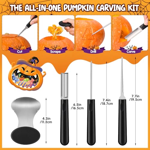 Antner Professional Pumpkin Carving Kit 4PCS Heavy-Duty Stainless Steel Pumpkin Carving Tools Set with 6PCS Self-Adhesive Stencils for Easy Creating Halloween Jack-O-Lantern Decorations - Image 2