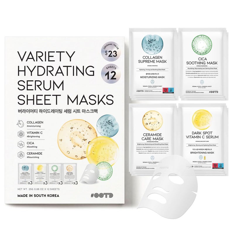 #OOTD Face Mask Korean Skincare for Dry Sensitive Skin | Hydrating, Revitalizing, Calming, Collagen, Ceramide, Cica, Vitamin C Serum Sheet Masks (12EA) - Image 1