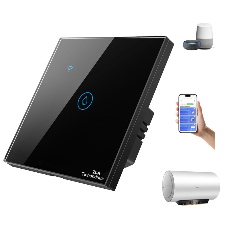 Tichondrius 20A WiFi Smart Water Heater Switch, Smart Boiler Switch, Damp Proof, Timer Function, Voice Contorl with Alexa/Google Assistant, Tuya Smart/Smart Life App Remote Control (Black) - Image 1